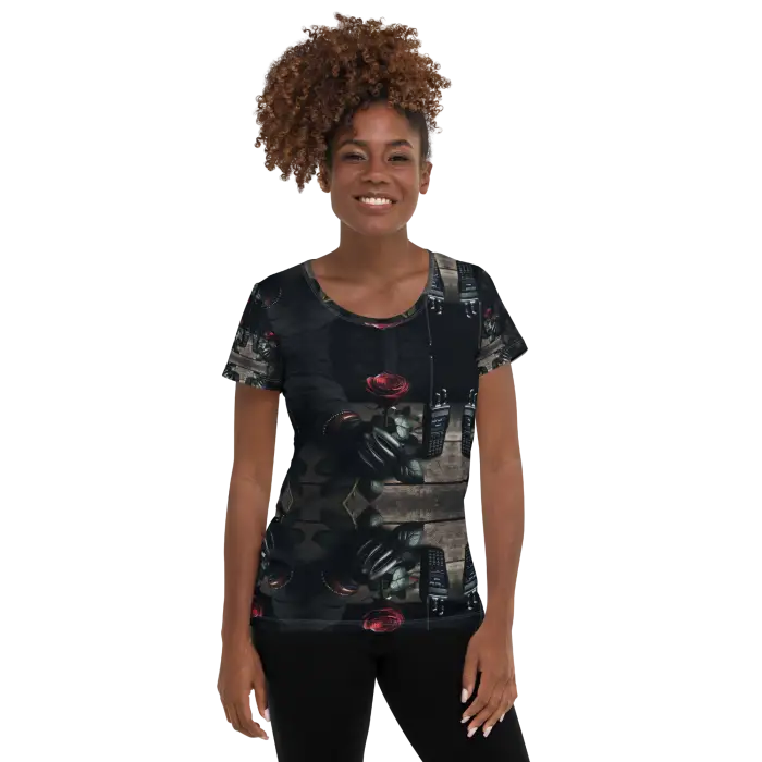 Woman wearing a patterned t-shirt.