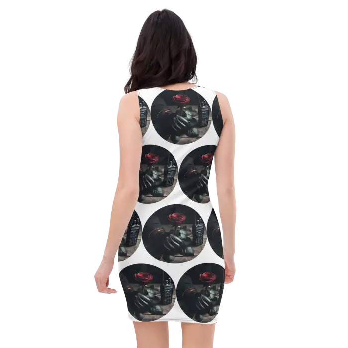 White dress with rose and skull pattern.