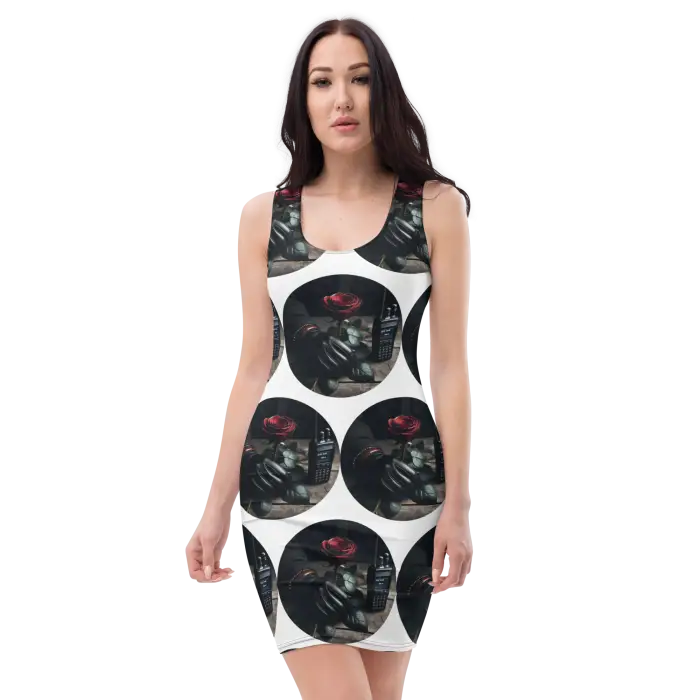 White dress with rose and bottle pattern.