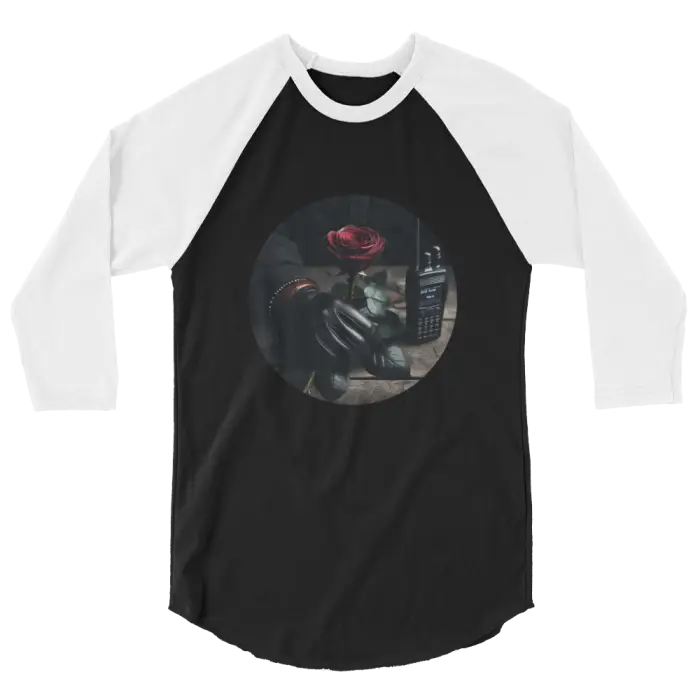 Black and white raglan shirt with rose and walkie-talkie graphic.