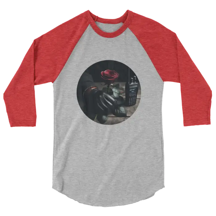 Red and gray baseball tee with rose and radio graphic.