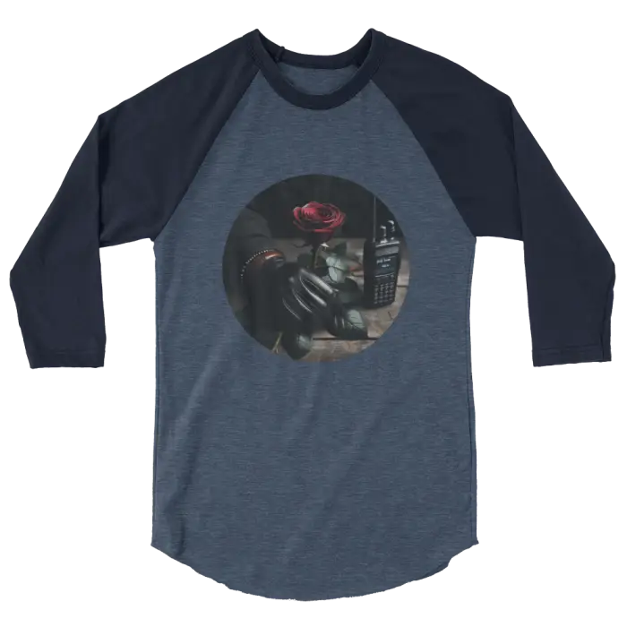 Blue raglan shirt with rose graphic.