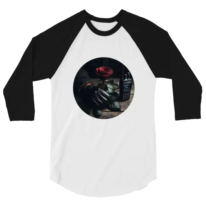 Black and white raglan shirt.