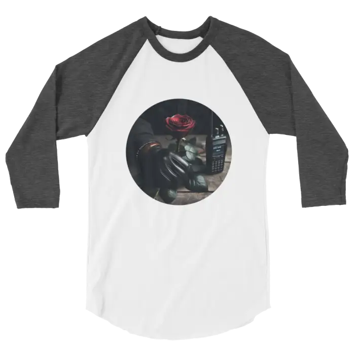 Gray and white baseball tee.