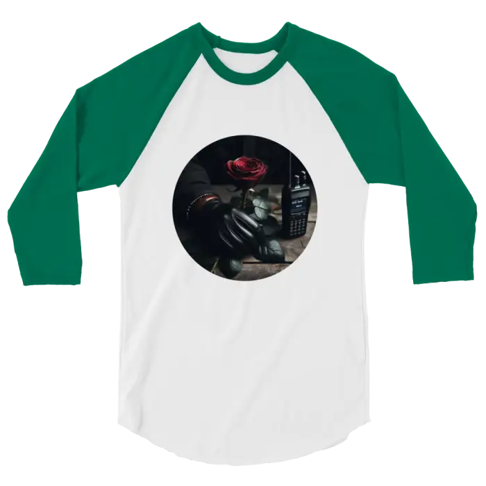 Green and white raglan shirt.