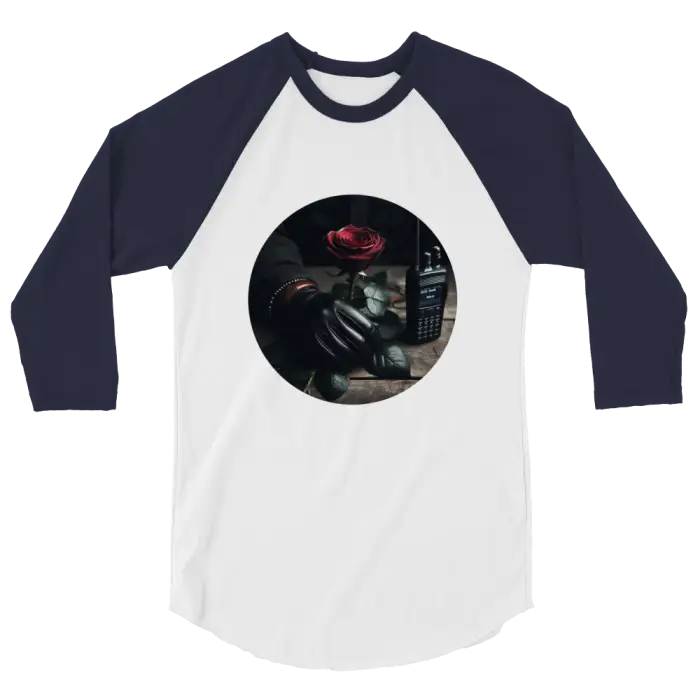 White and navy baseball tee.