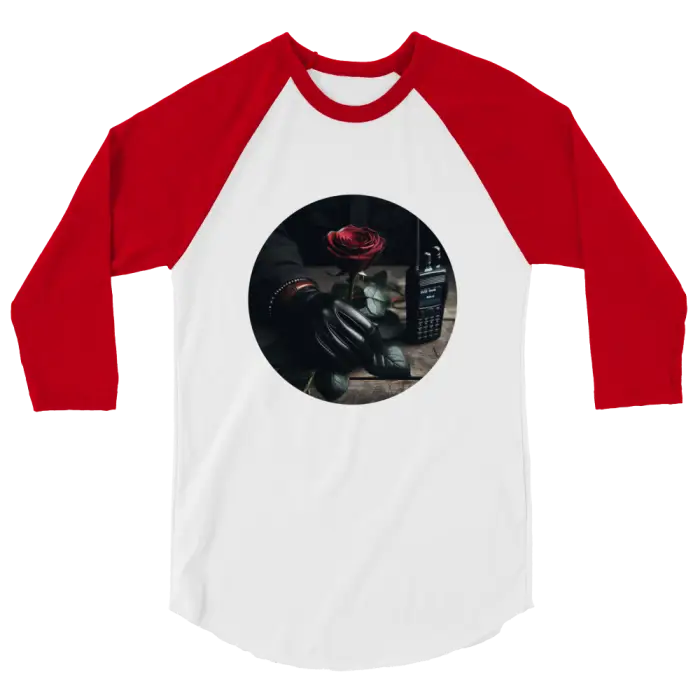 Red and white baseball tee.