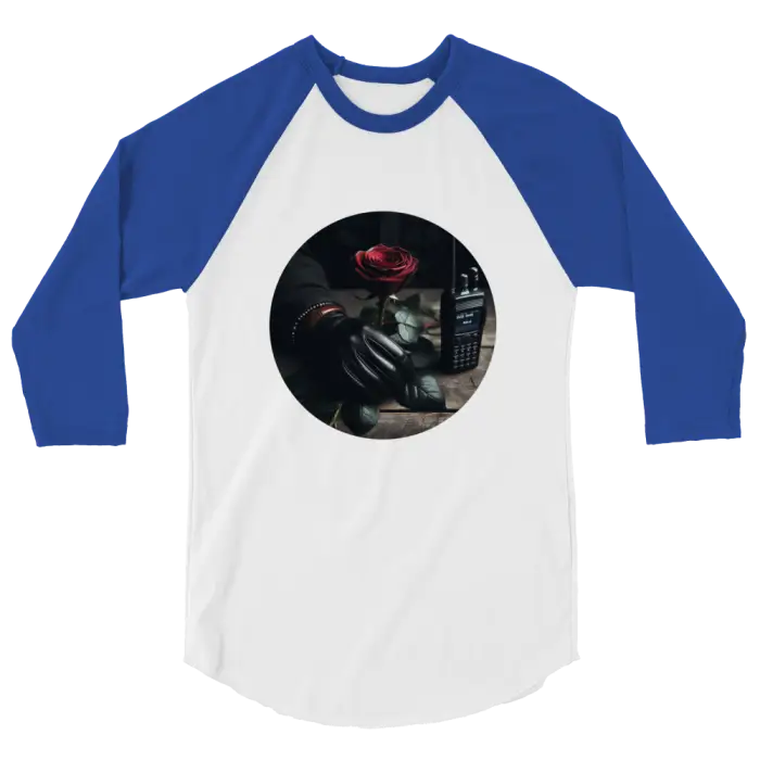 Blue-sleeved raglan shirt with rose and walkie-talkie design.