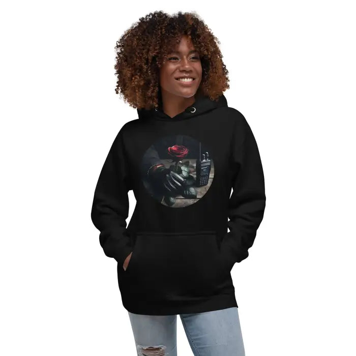 Black hoodie with graphic.