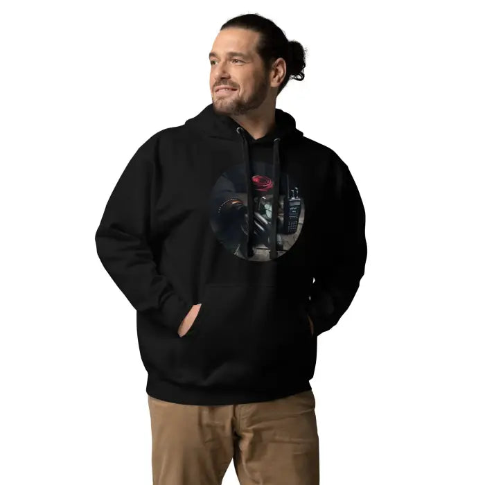 Black hoodie with rose and liquor bottle graphic.