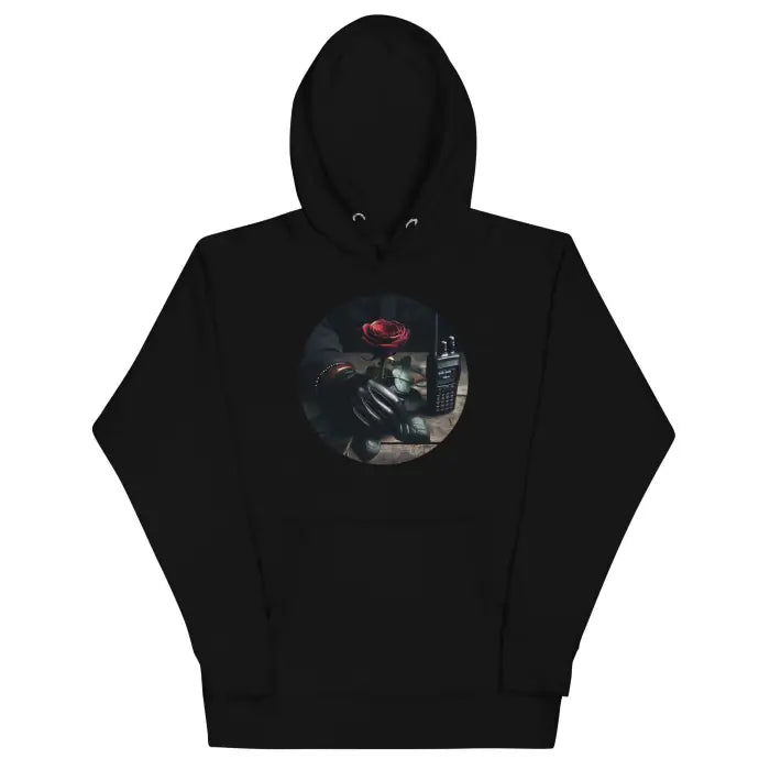 Black hoodie with rose and walkie-talkie graphic.