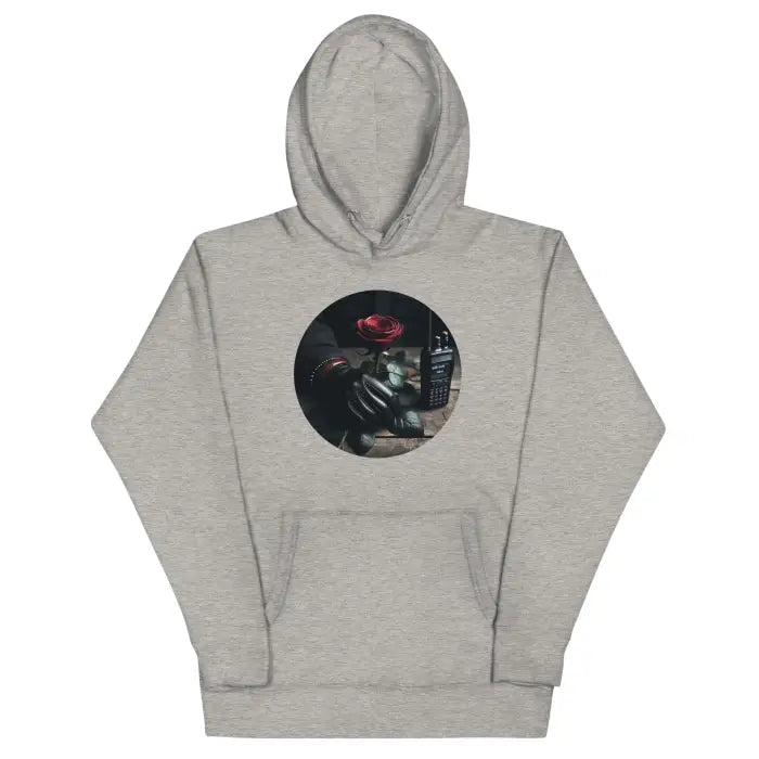 Gray hoodie with rose graphic.