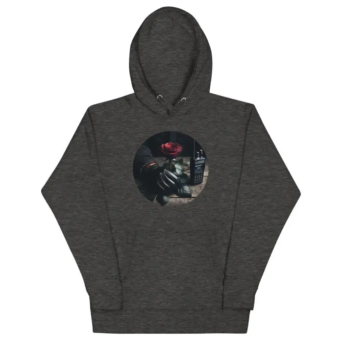 Gray hooded sweatshirt.