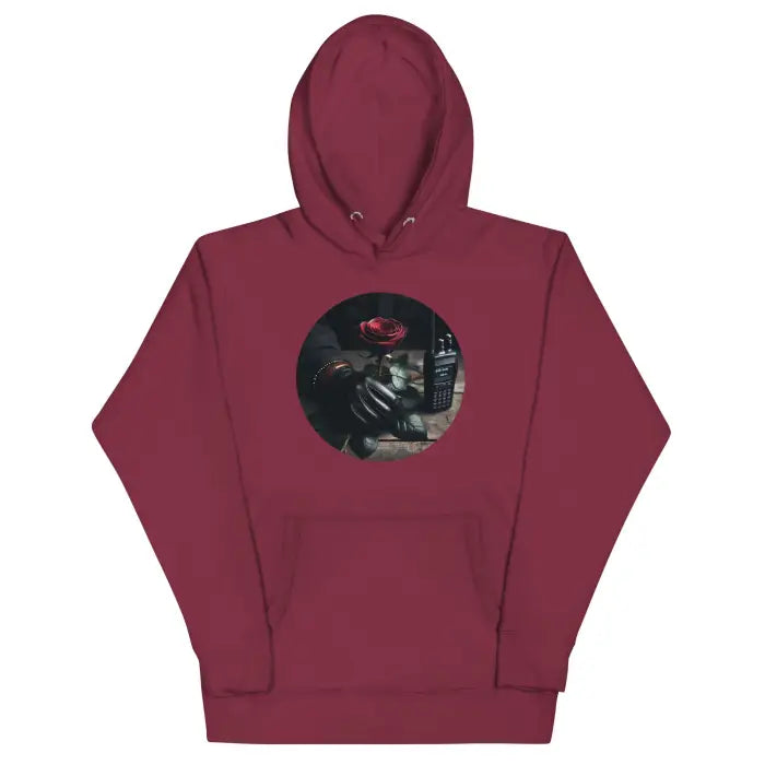 Maroon hoodie with rose and liquor bottle graphic.