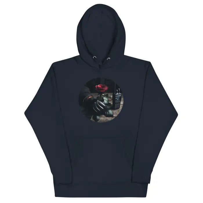 Navy blue hoodie.