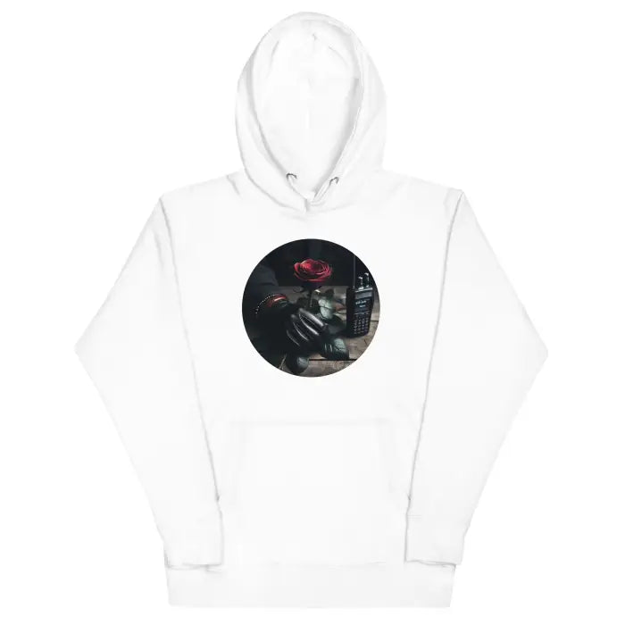 White hooded sweatshirt with a circular graphic.