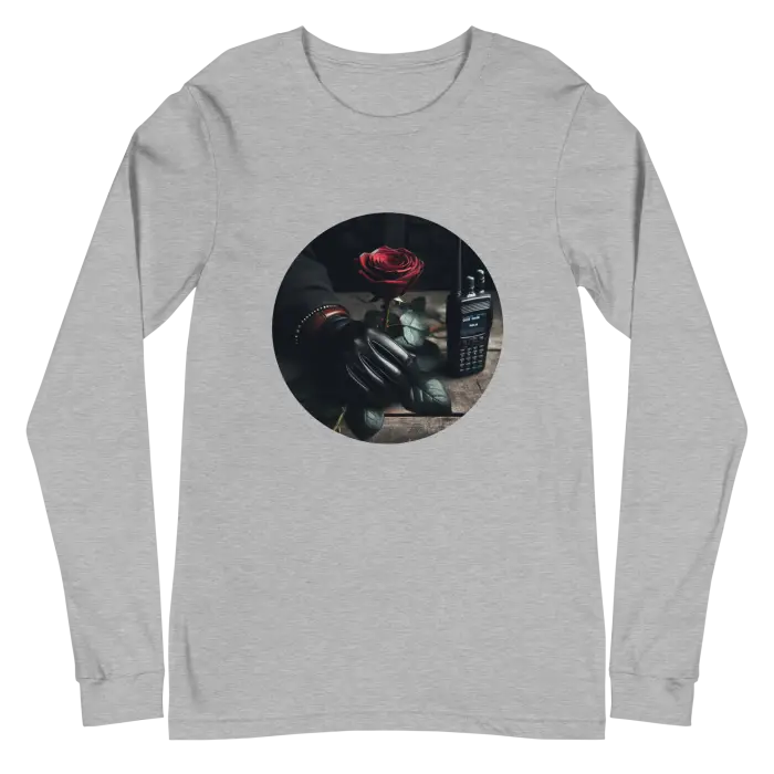 Gray long-sleeved shirt with rose and walkie-talkie graphic.