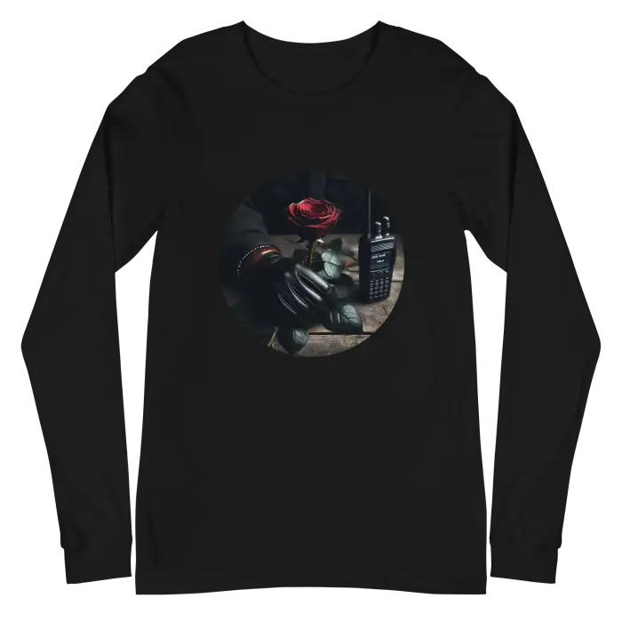 Black sweatshirt with rose and walkie-talkie design.