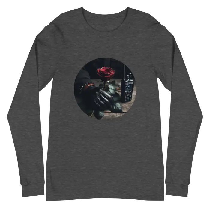 Gray long-sleeved shirt with rose and walkie-talkie graphic.