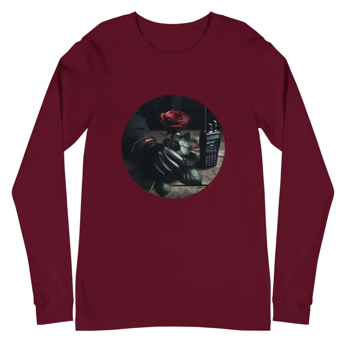 Maroon long-sleeved shirt.