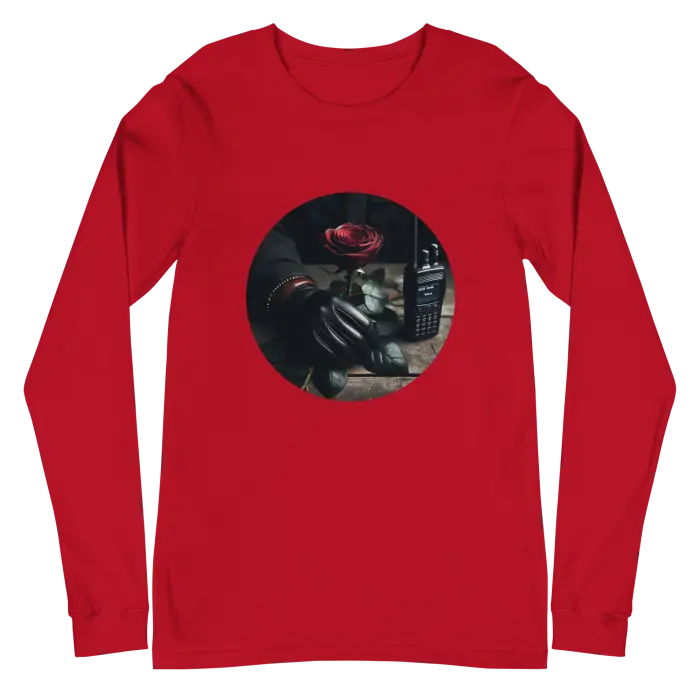 Red long-sleeved shirt.