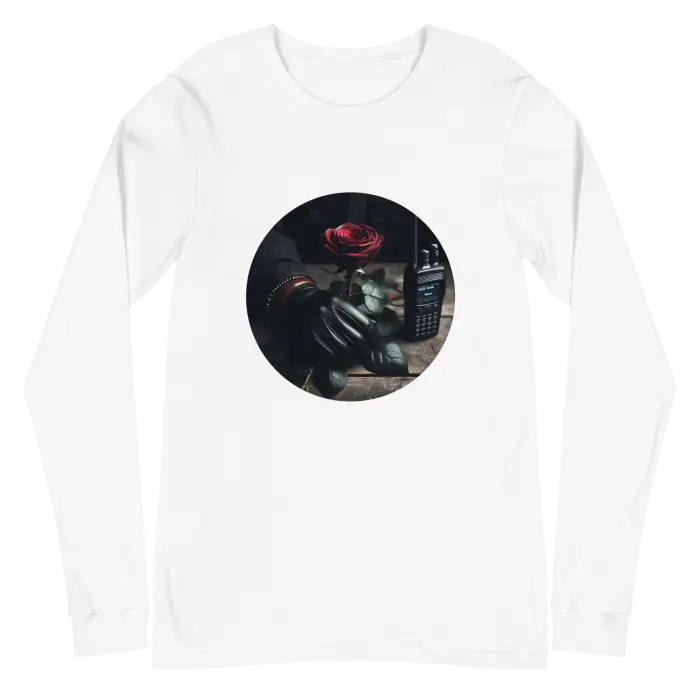 White long-sleeved shirt with rose and walkie-talkie design.