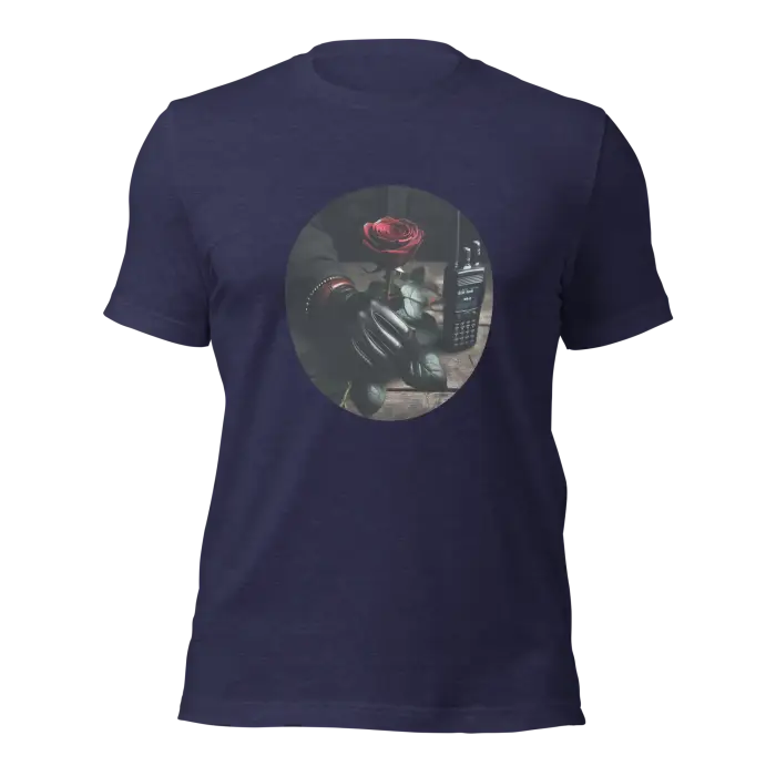 Navy blue t-shirt with rose and walkie-talkie graphic.