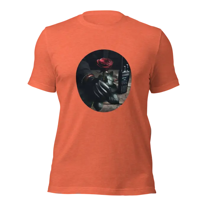 Orange t-shirt with a circular graphic.