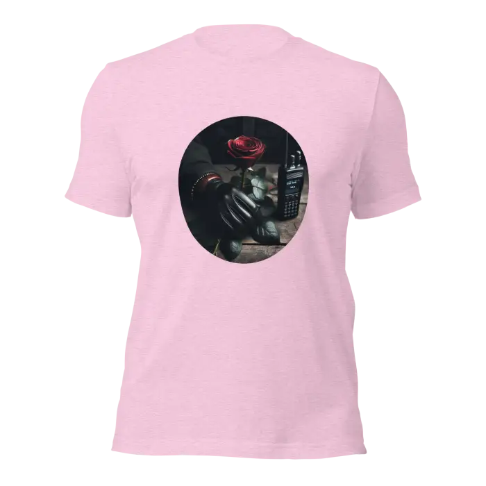 Pink t-shirt with rose and walkie-talkie graphic.