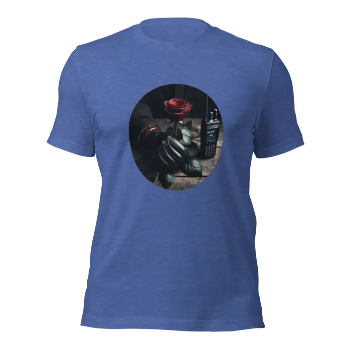 Blue t-shirt with a rose and walkie-talkie graphic.