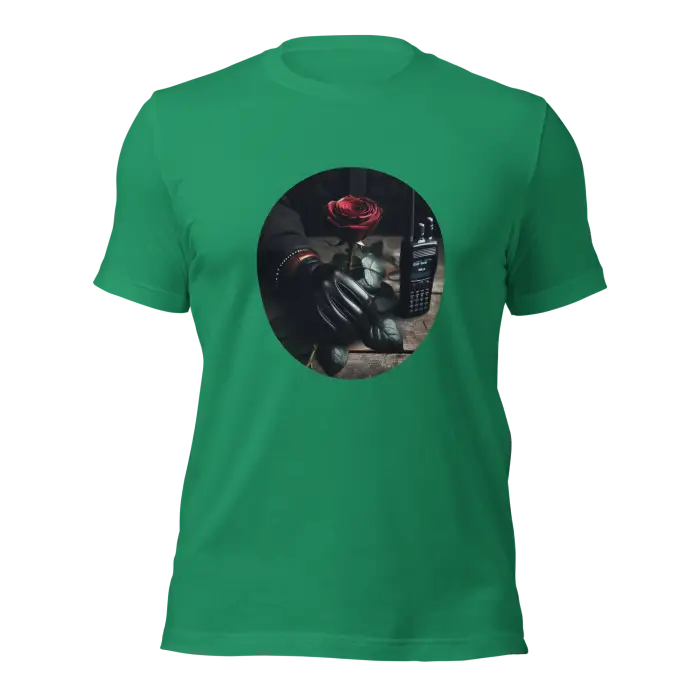 Green t-shirt with rose and walkie-talkie design.