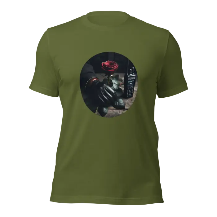 Olive green t-shirt with rose and walkie-talkie design.