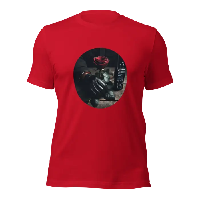 Red t-shirt with circular graphic.
