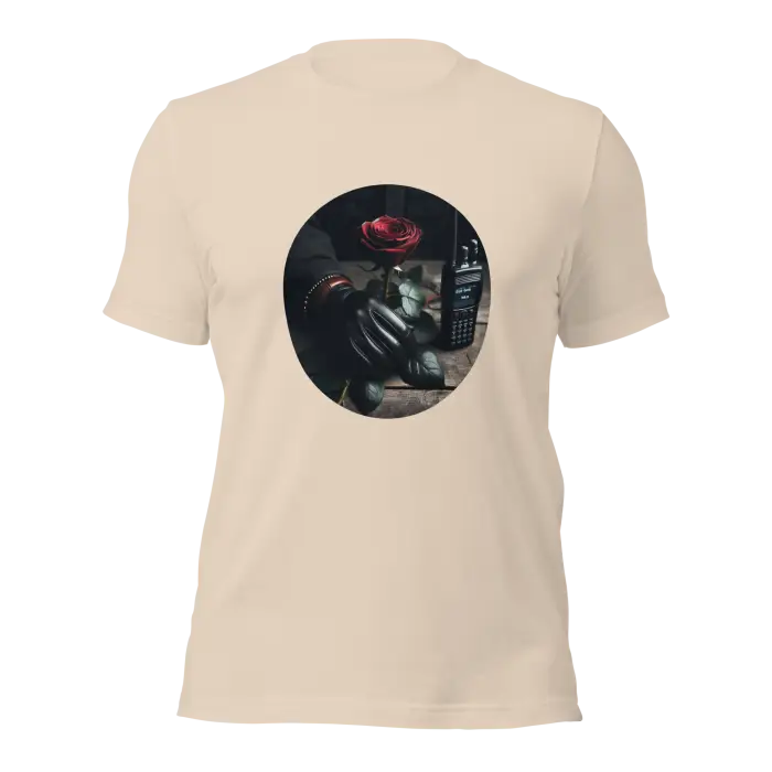 Beige t-shirt with circular graphic.