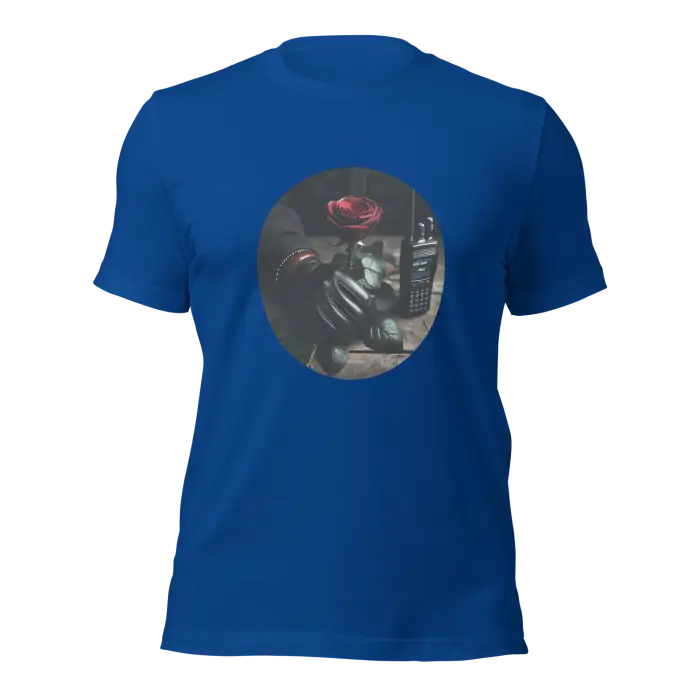 Blue t-shirt with rose graphic.