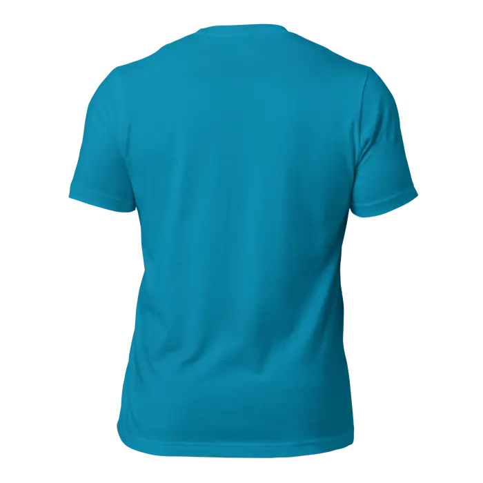 Turquoise short-sleeve t-shirt.