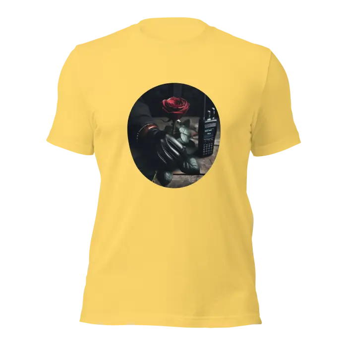 Yellow t-shirt with rose and walkie-talkie design.