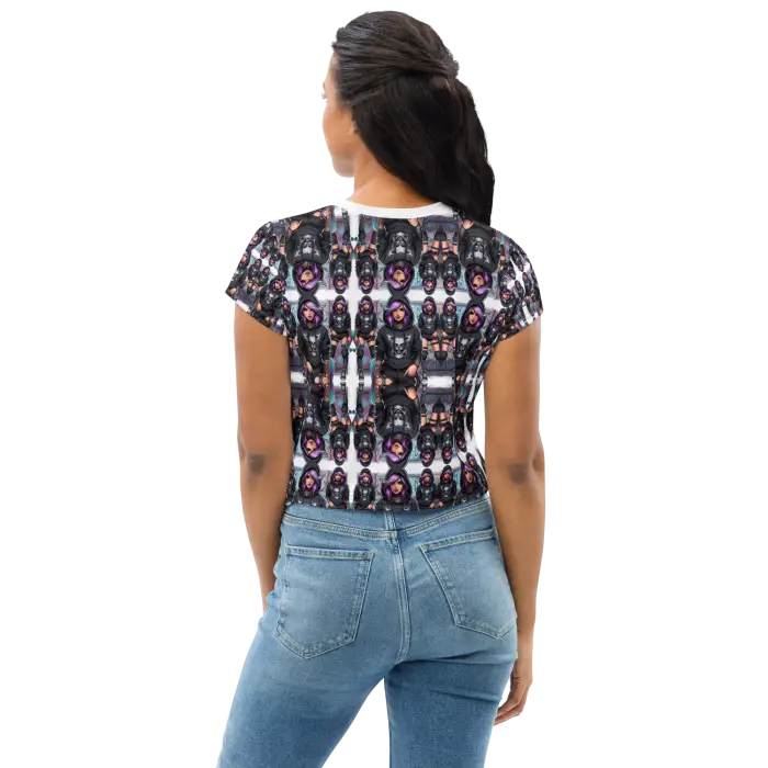 Patterned crop top and jeans.