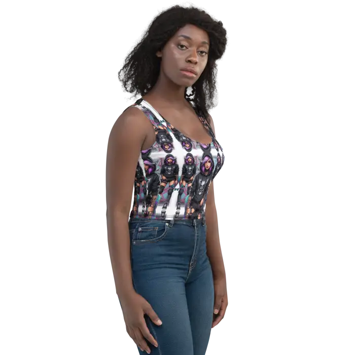 Woman wearing a patterned tank top and jeans.