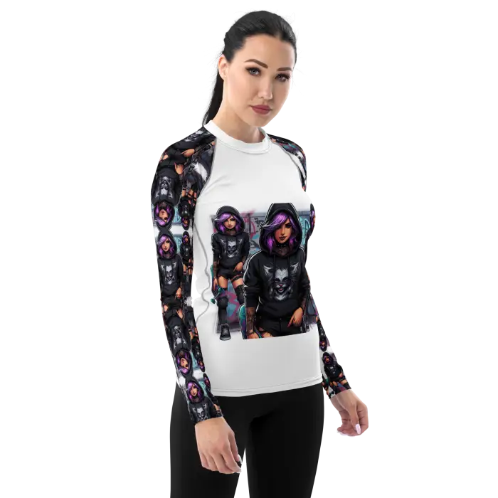 Woman wearing a long-sleeved shirt.