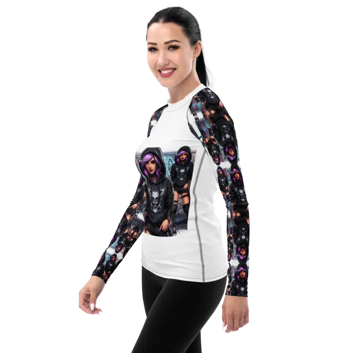 Woman wearing a patterned rash guard.