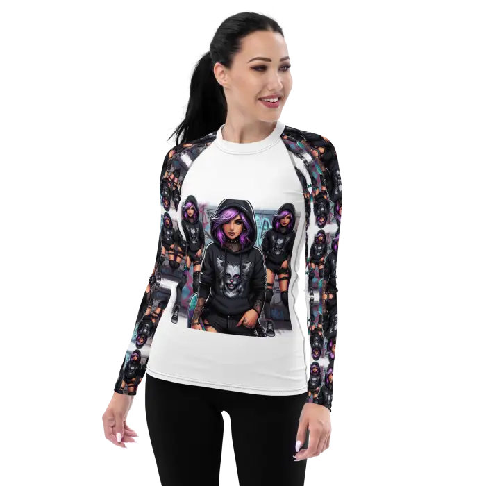 Woman’s long-sleeved rash guard.