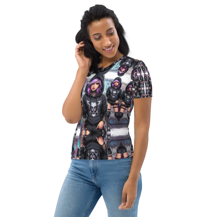 Woman wearing a graphic t-shirt.