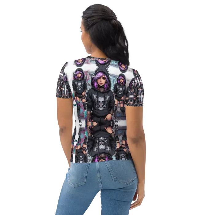 Woman’s t-shirt with a repeating anime girl pattern.