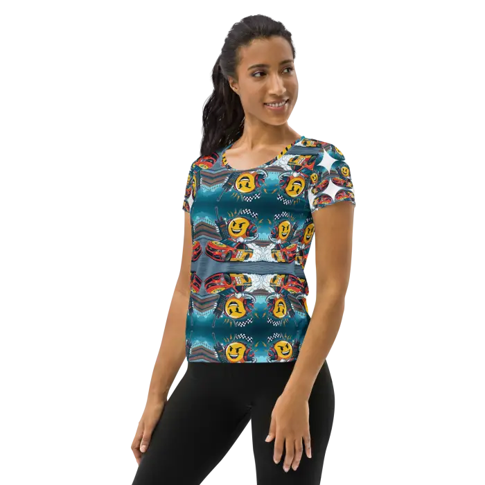 Woman wearing patterned athletic shirt.