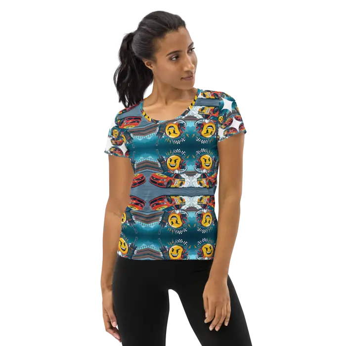 Woman’s patterned athletic shirt.