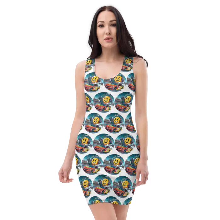 Form-fitting dress with emoji and race car pattern.