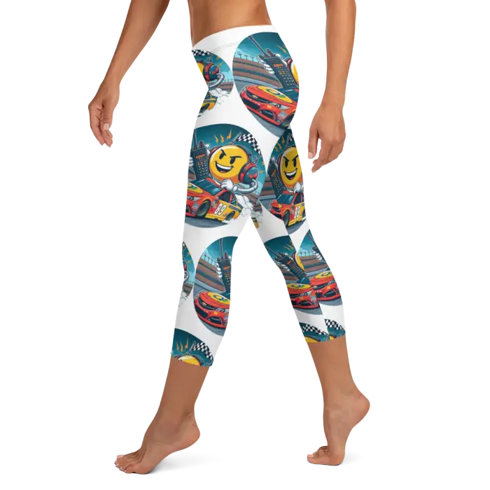 Capri leggings with racing-themed cartoon print.