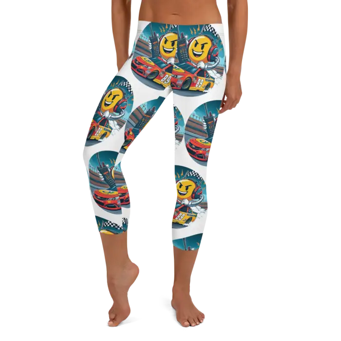 Capri leggings with racing-themed cartoon pattern.