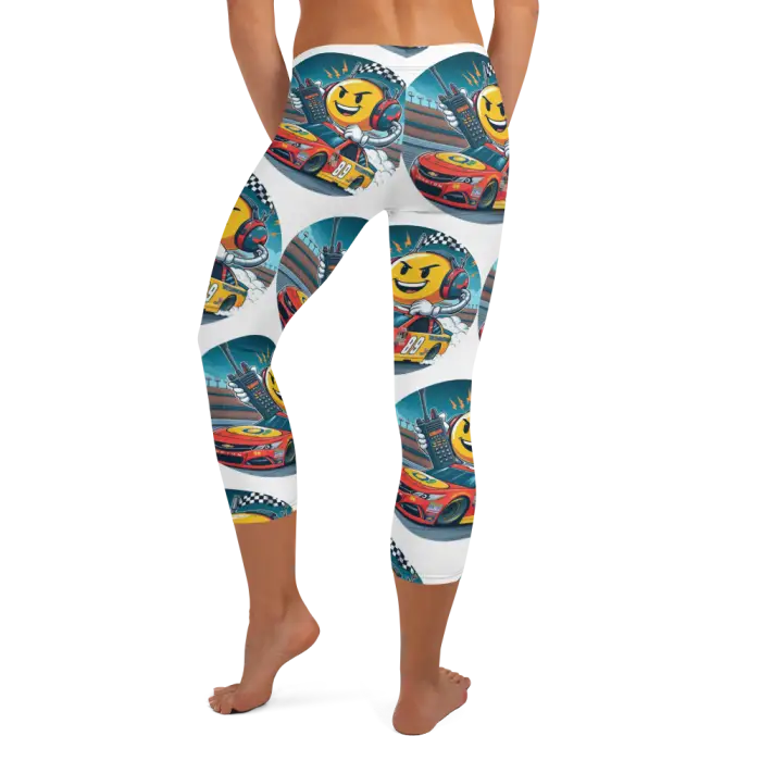 Capri leggings with racing-themed cartoon print.